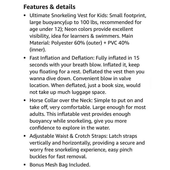 WACOOL Inflatable Snorkel Diving Swimming Scuba Vest Buoyancy Up To 220 lbs - Picture 8 of 8